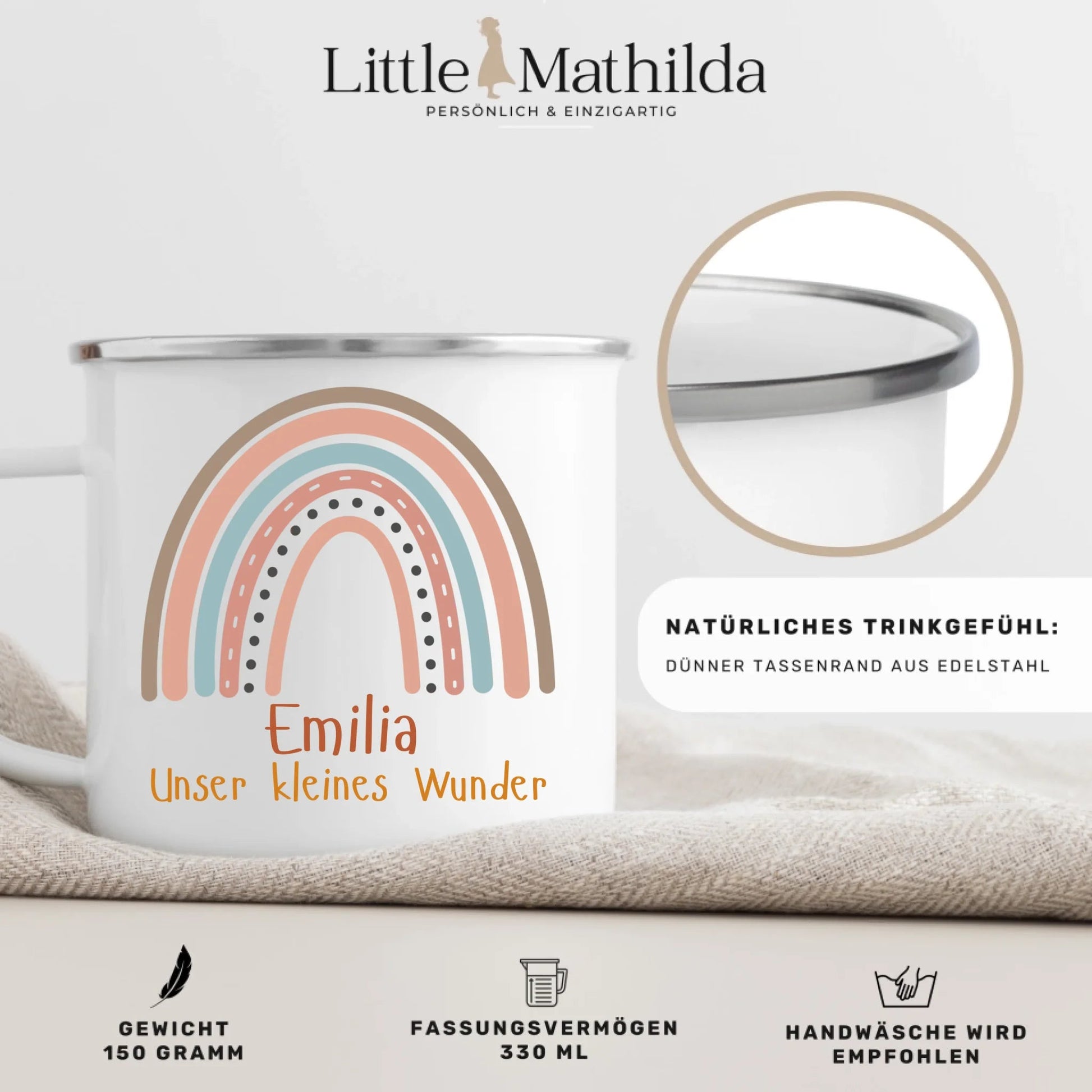 Personalisierte Emaille Kindertasse mit Regenbogen, Wunschnamen und einem Spruch Little Mathilda Little Mathilda Emaille Tasse
