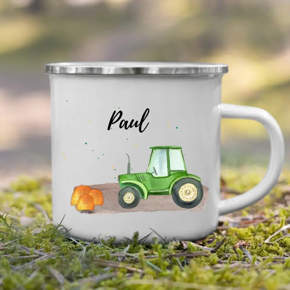 Personalisierte Emaille - Kindertasse mit Traktor im Heu Little Mathilda Little Mathilda Emaille Tasse