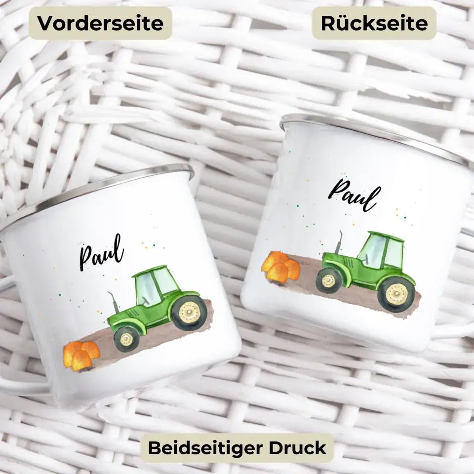Personalisierte Emaille - Kindertasse mit Traktor im Heu Little Mathilda Little Mathilda Emaille Tasse