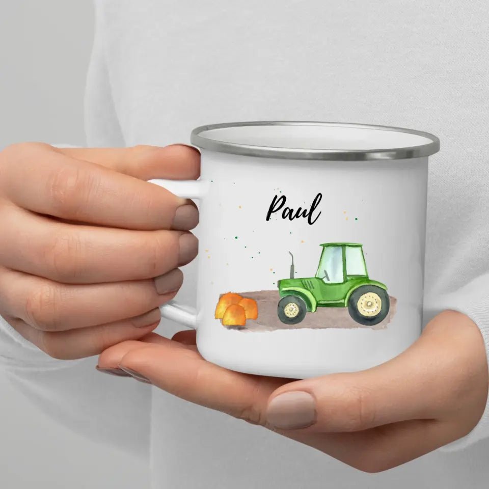 Personalisierte Emaille - Kindertasse mit Traktor im Heu Little Mathilda Little Mathilda Emaille Tasse