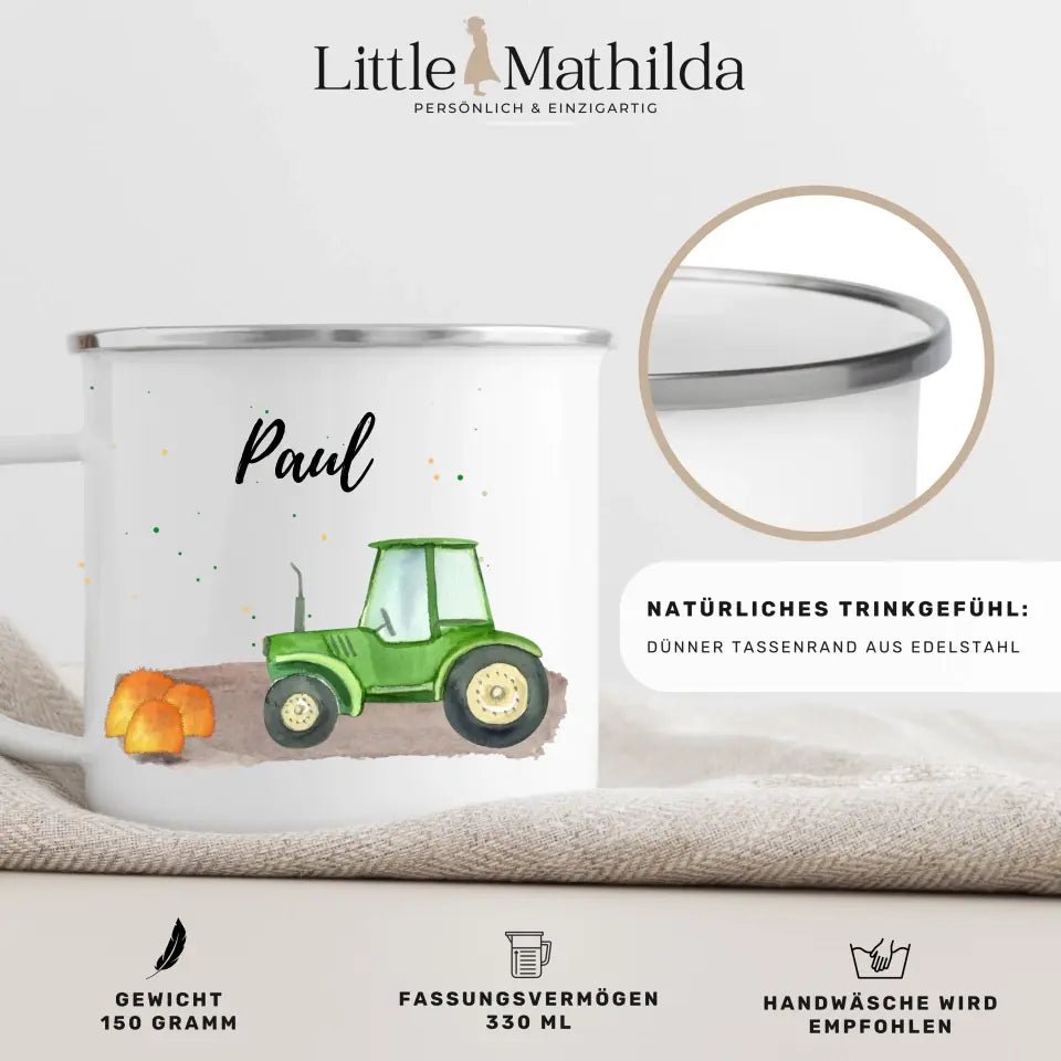 Personalisierte Emaille - Kindertasse mit Traktor im Heu Little Mathilda Little Mathilda Emaille Tasse