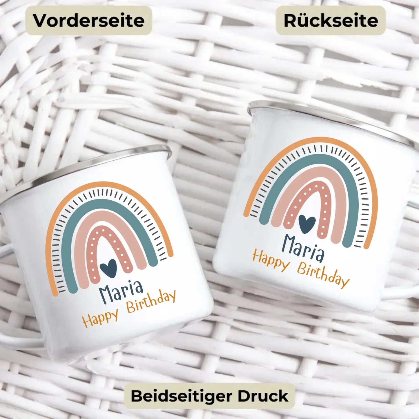 Emaille Kindertasse mit Namen und Tiermotiv – personalisierte Tasse für Kinder zum Frühstück oder Kindergarten