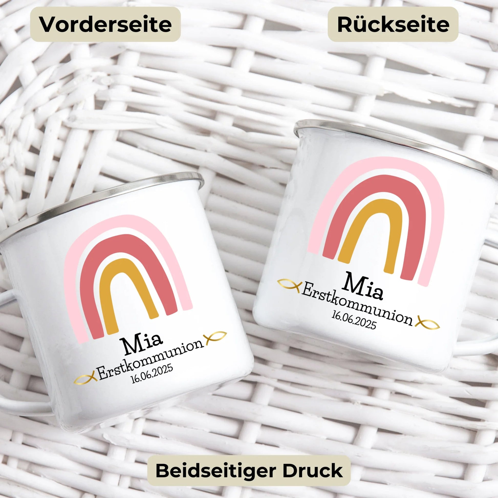 Personalisierte Emaille Kindertasse zur Erstkommunion in Regenbogen - Rosa Little Mathilda Little Mathilda Emaille Tasse