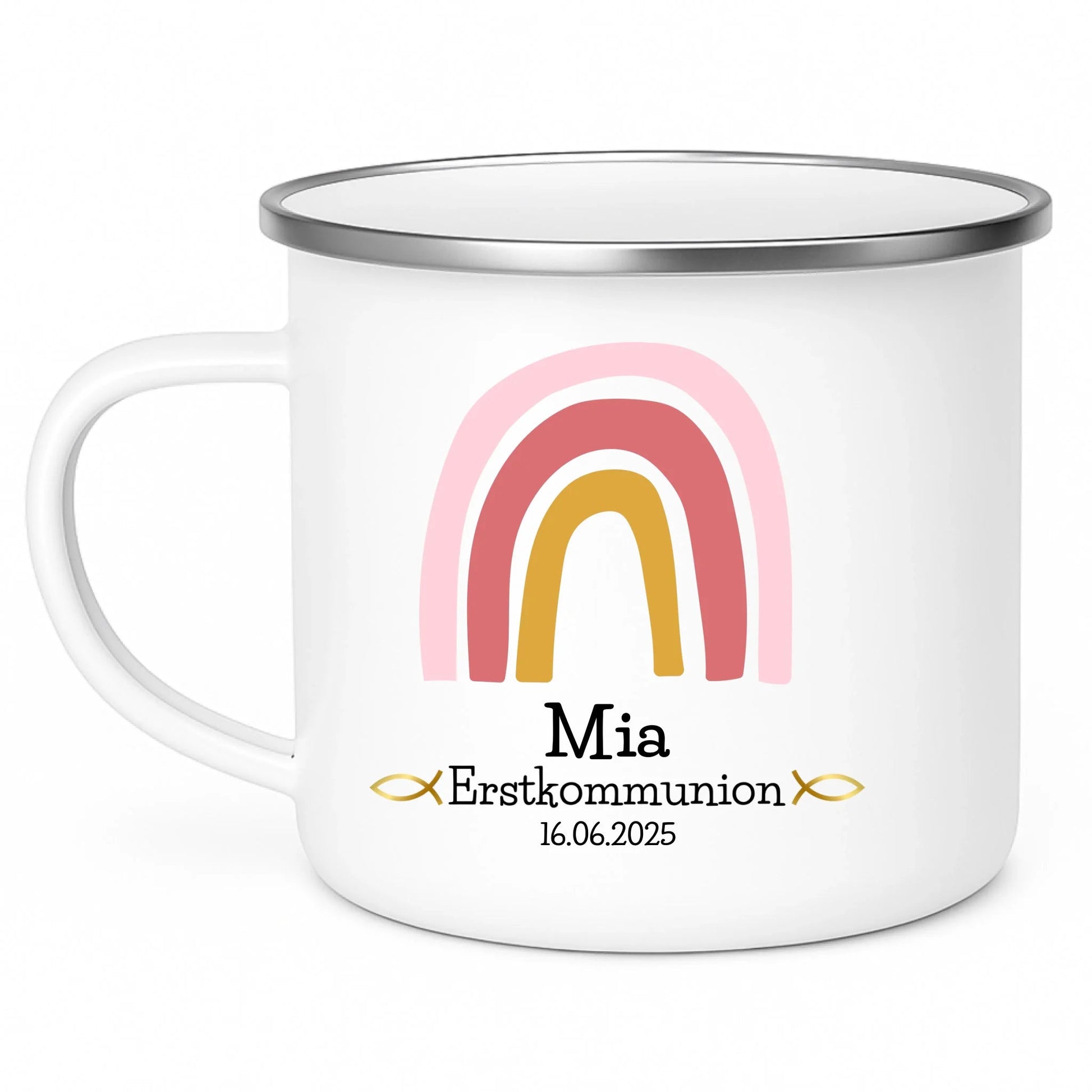 Personalisierte Emaille Kindertasse zur Erstkommunion in Regenbogen - Rosa Little Mathilda Little Mathilda Emaille Tasse