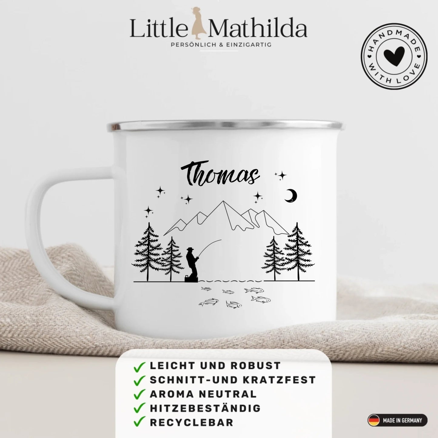 Personalisierte Emaille Tasse Angler "Petri Heil" Little Mathilda Little Mathilda Emaille Tasse