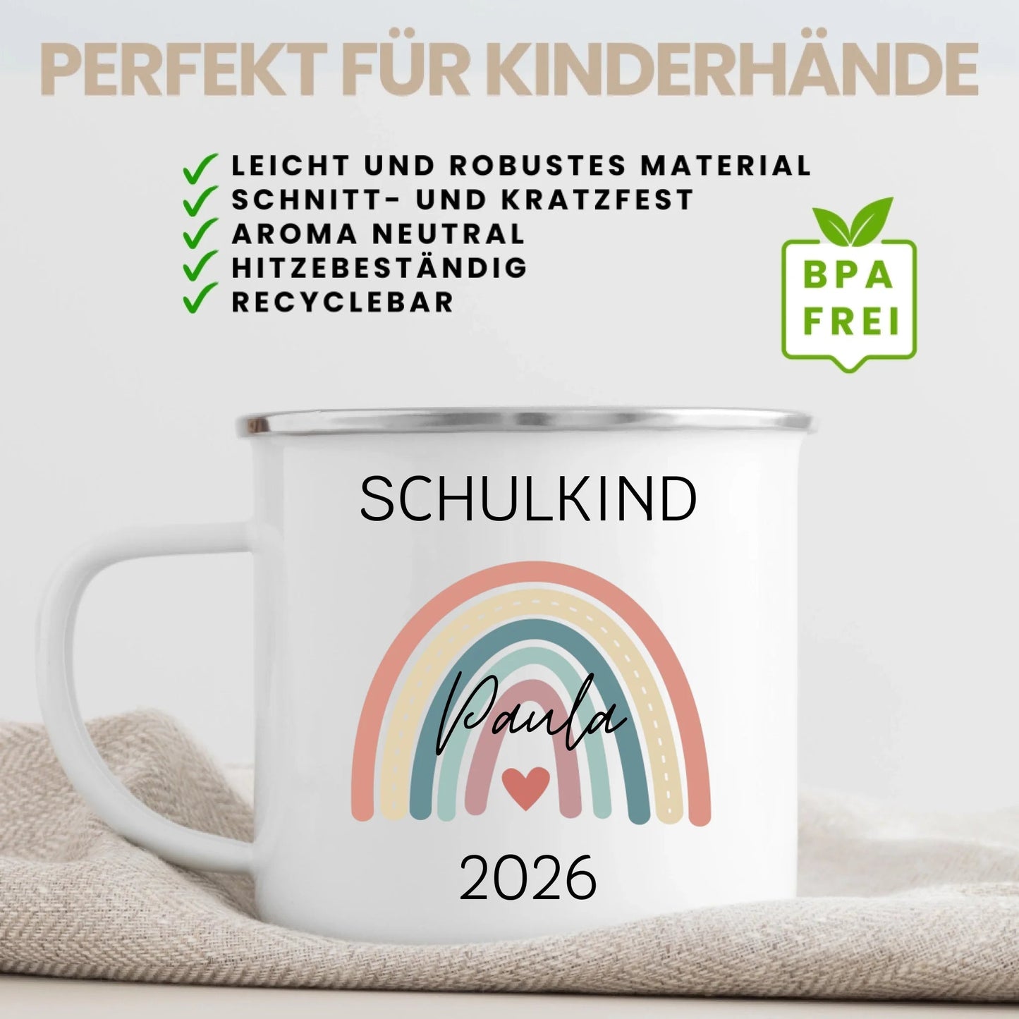 Personalisierte Emaille Tasse Schulkind 2026 mit Name Little Mathilda Little Mathilda Emaille Tasse