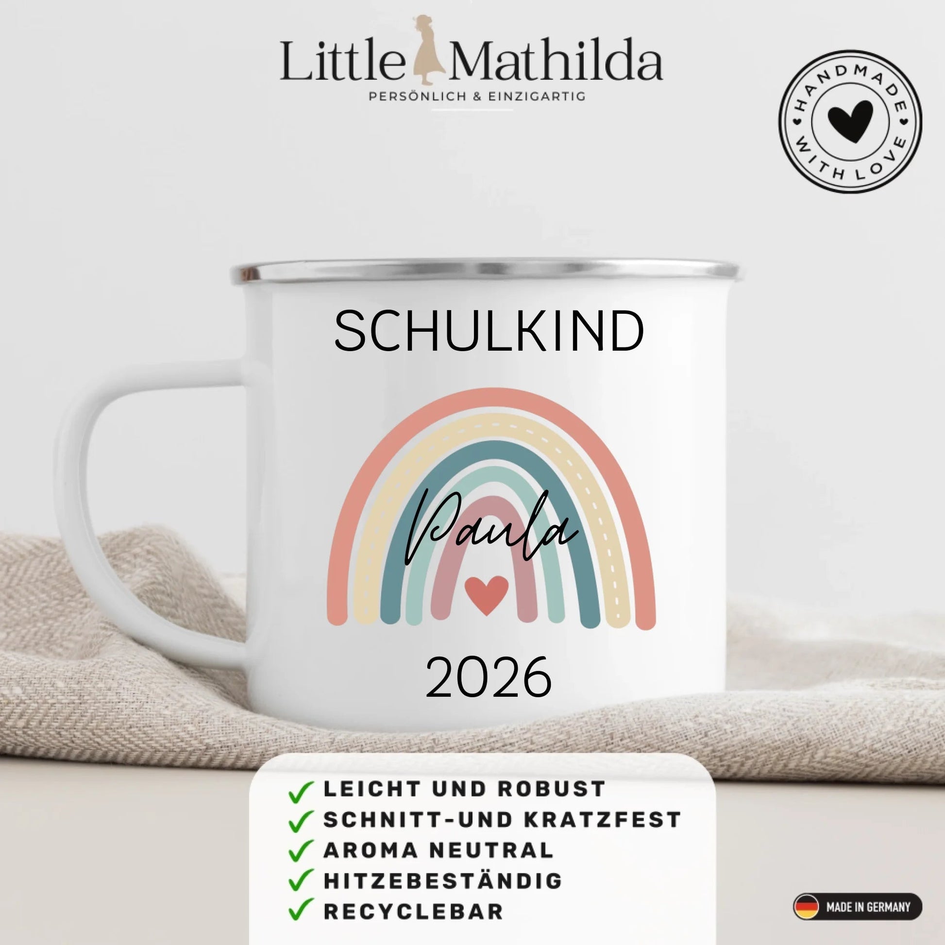 Personalisierte Emaille Tasse Schulkind 2026 mit Name Little Mathilda Little Mathilda Emaille Tasse