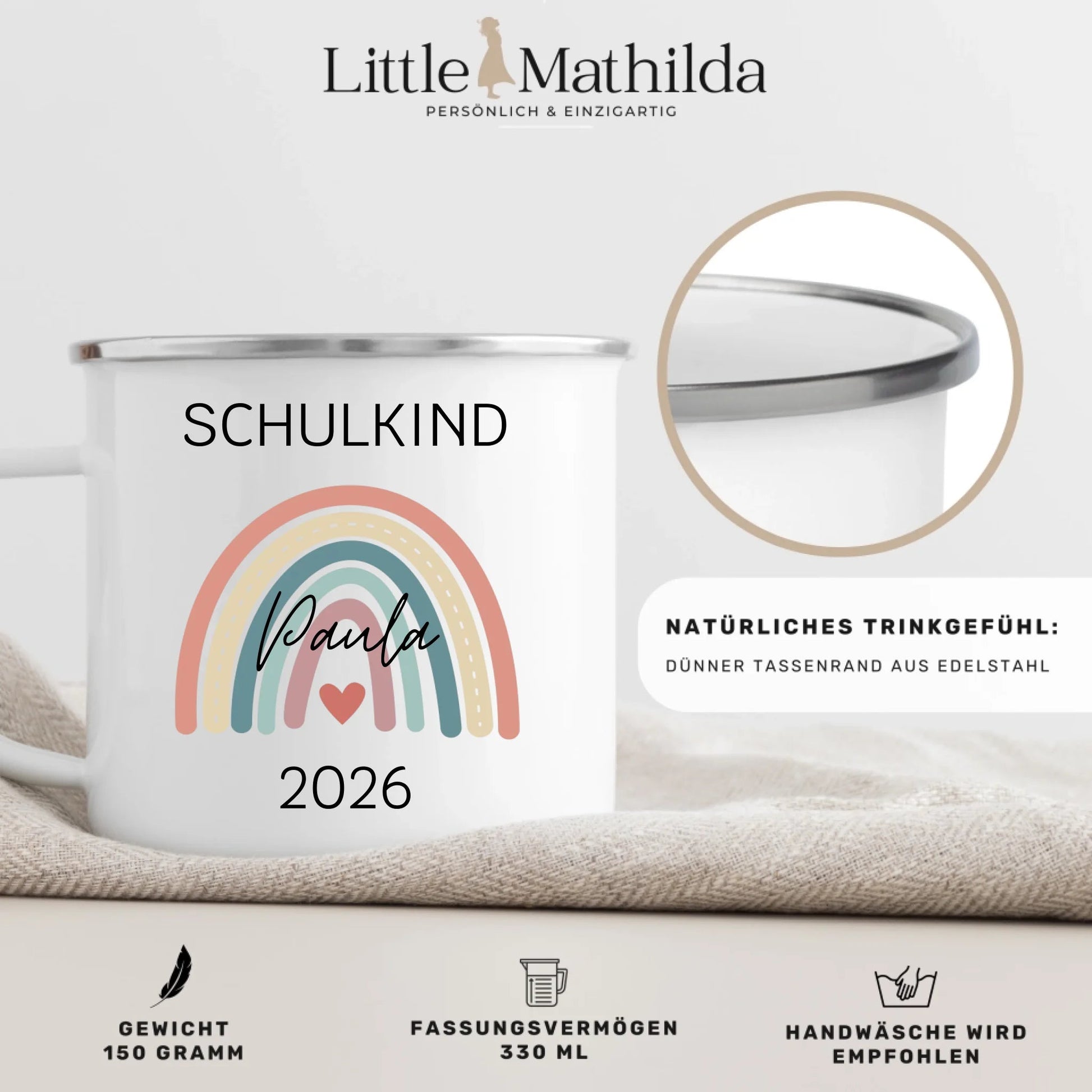 Personalisierte Emaille Tasse Schulkind 2026 mit Name Little Mathilda Little Mathilda Emaille Tasse