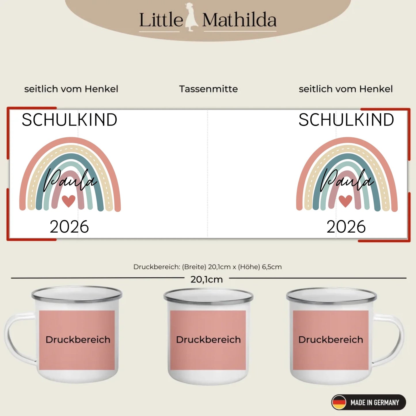 Personalisierte Emaille Tasse Schulkind 2026 mit Name Little Mathilda Little Mathilda Emaille Tasse