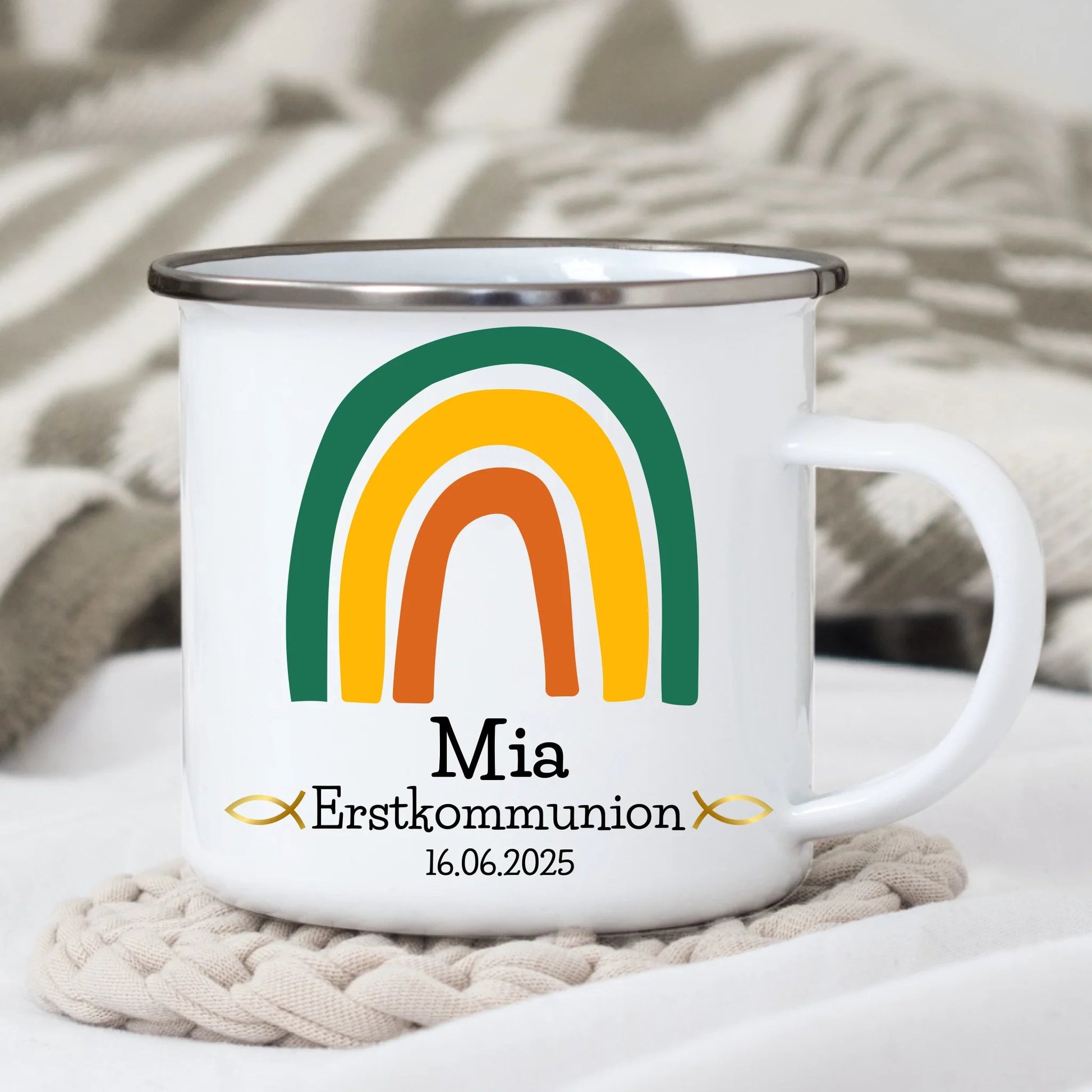 Personalisierte Emaille - Tasse zur Erstkommunion – Grüner Regenbogen Little Mathilda Little Mathilda Emaille Tasse