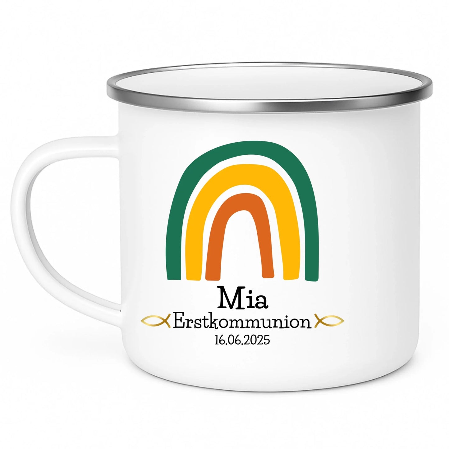 Personalisierte Emaille - Tasse zur Erstkommunion – Grüner Regenbogen Little Mathilda Little Mathilda Emaille Tasse