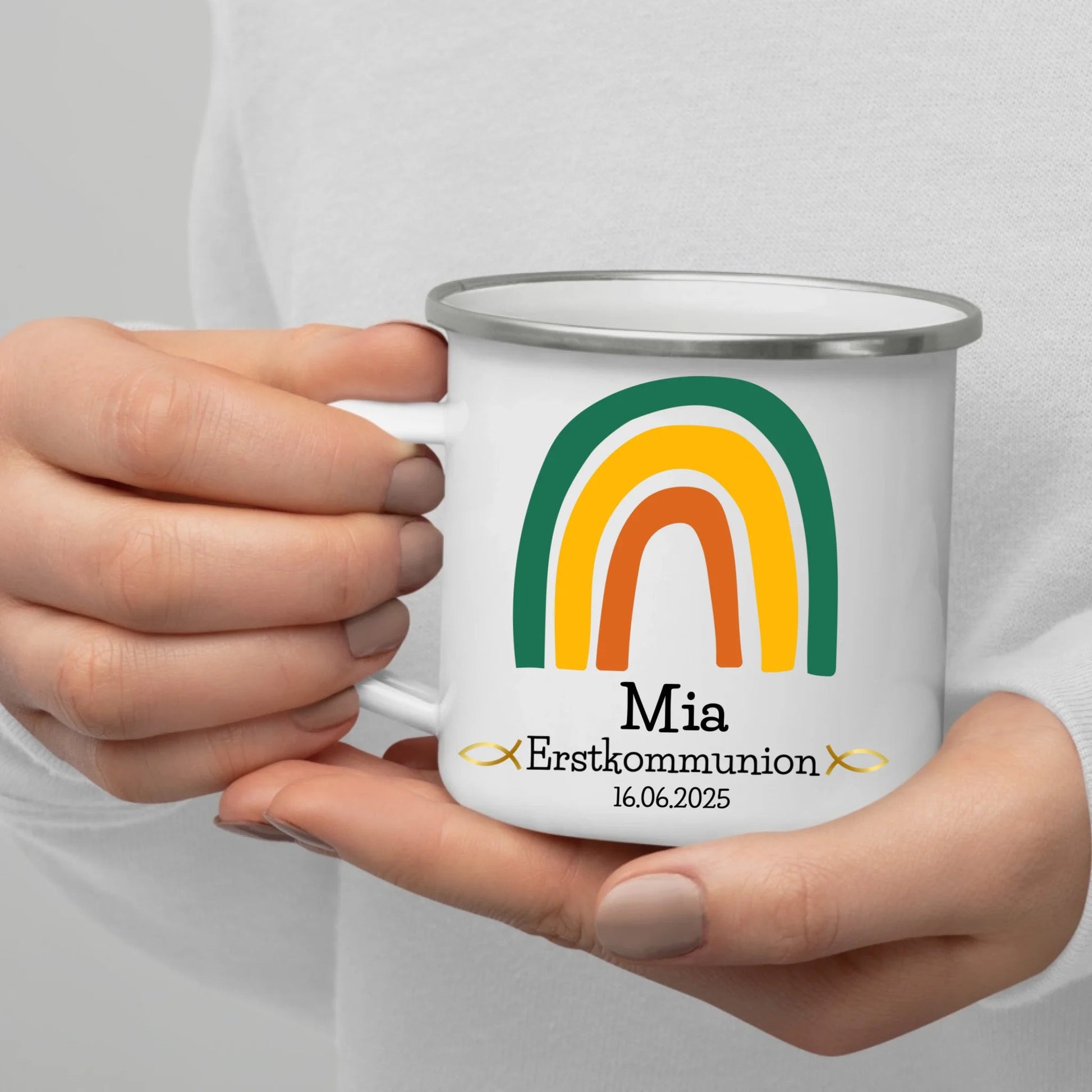 Personalisierte Emaille - Tasse zur Erstkommunion – Grüner Regenbogen Little Mathilda Little Mathilda Emaille Tasse