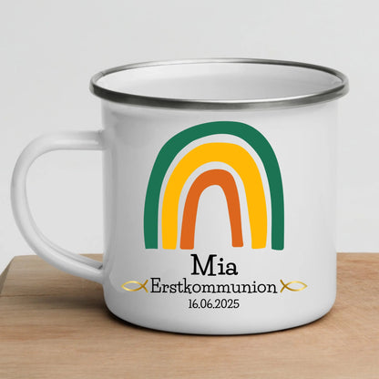 Personalisierte Emaille - Tasse zur Erstkommunion – Grüner Regenbogen Little Mathilda Little Mathilda Emaille Tasse