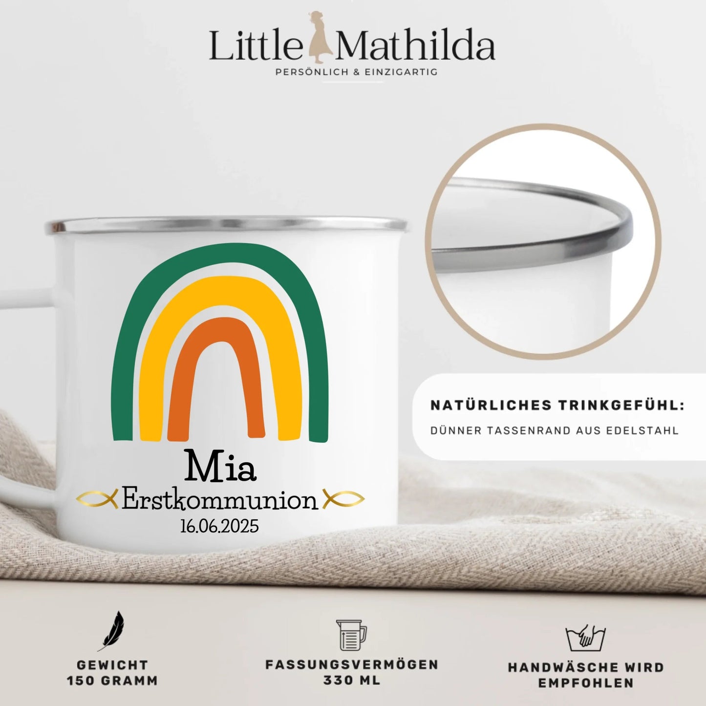 Personalisierte Emaille - Tasse zur Erstkommunion – Grüner Regenbogen Little Mathilda Little Mathilda Emaille Tasse