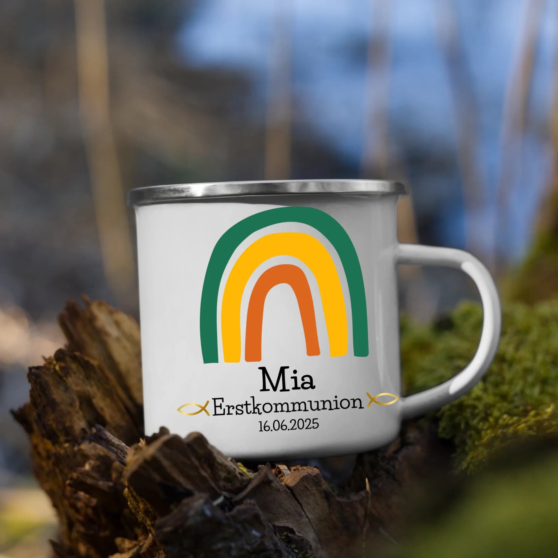 Personalisierte Emaille - Tasse zur Erstkommunion – Grüner Regenbogen Little Mathilda Little Mathilda Emaille Tasse