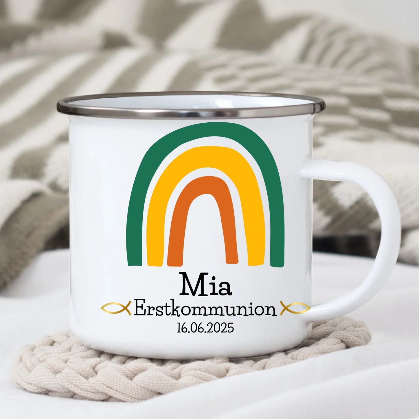 Personalisierte Emaille - Tasse zur Erstkommunion – Grüner Regenbogen Little Mathilda Little Mathilda Emaille Tasse