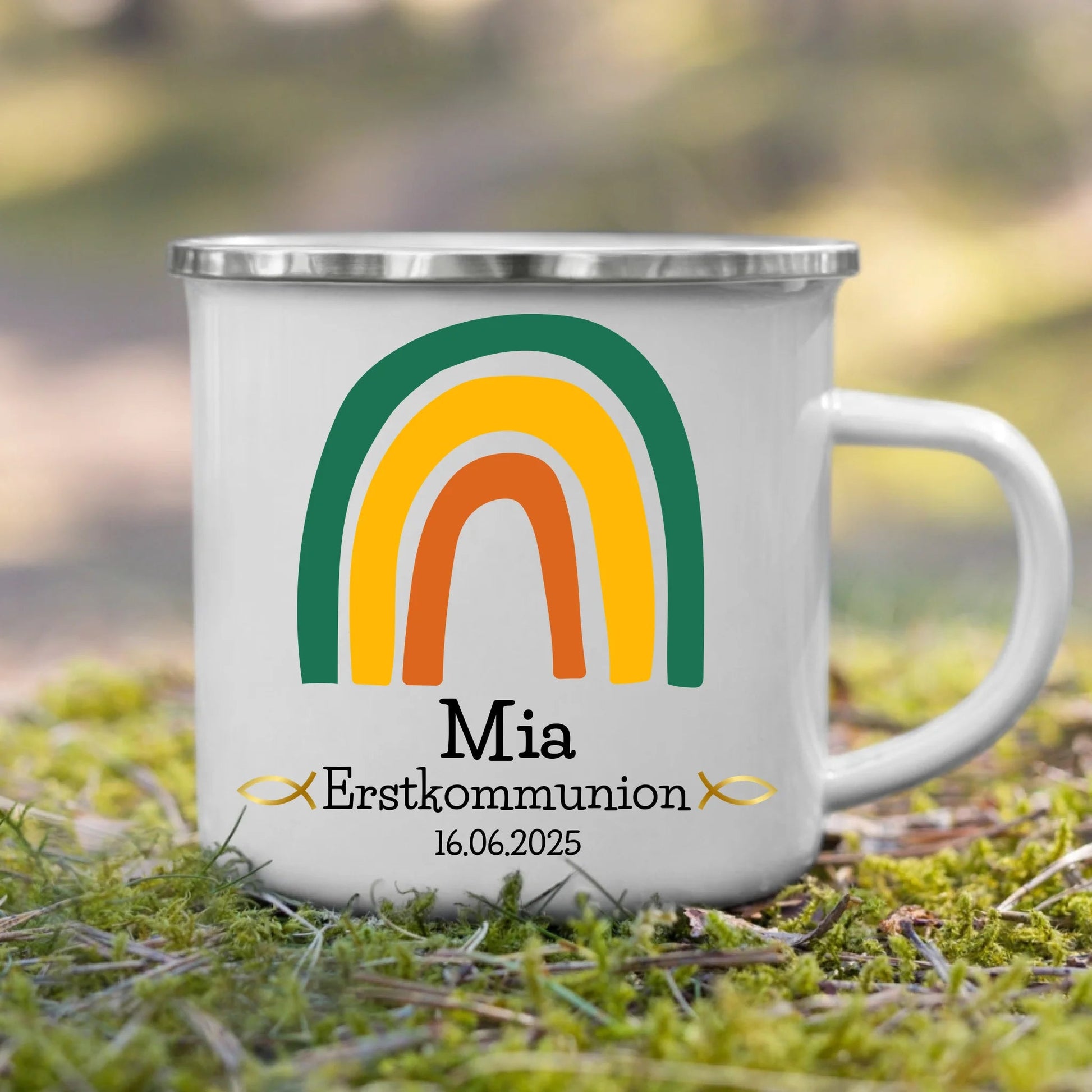 Personalisierte Emaille - Tasse zur Erstkommunion – Grüner Regenbogen Little Mathilda Little Mathilda Emaille Tasse
