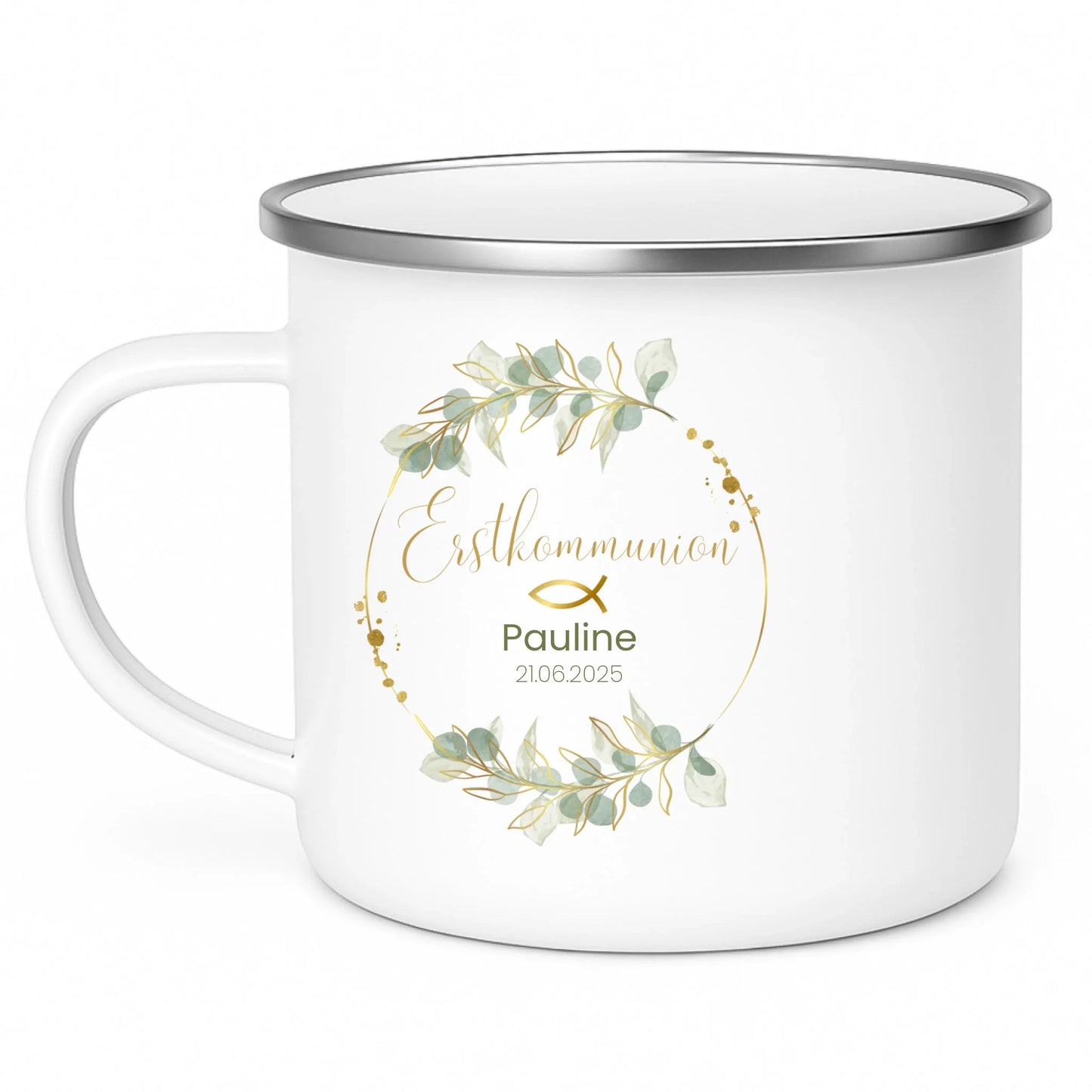 Personalisierte Emaille - Tasse zur Erstkommunion mit Blumenkranz Little Mathilda Little Mathilda Emaille Tasse