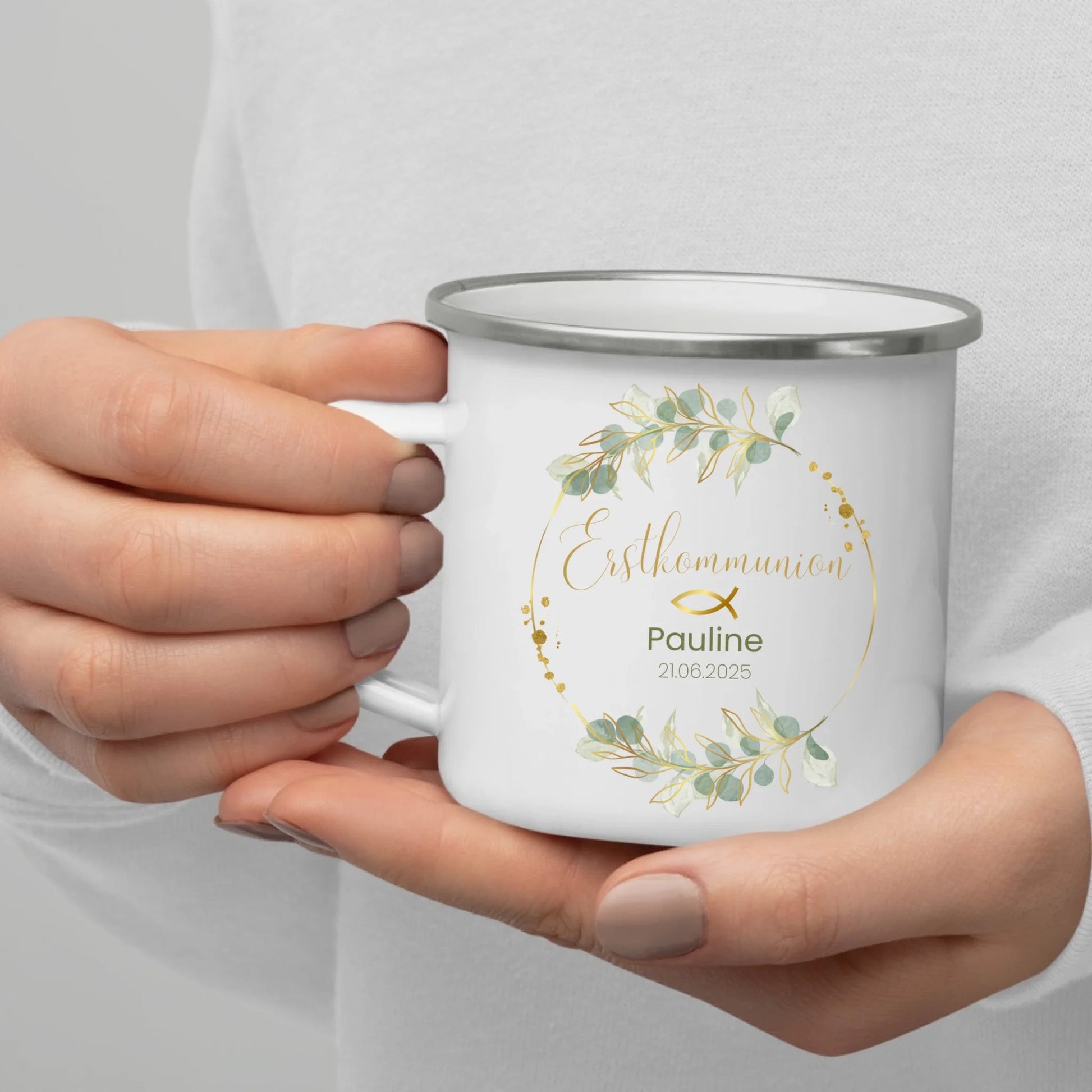 Personalisierte Emaille - Tasse zur Erstkommunion mit Blumenkranz Little Mathilda Little Mathilda Emaille Tasse