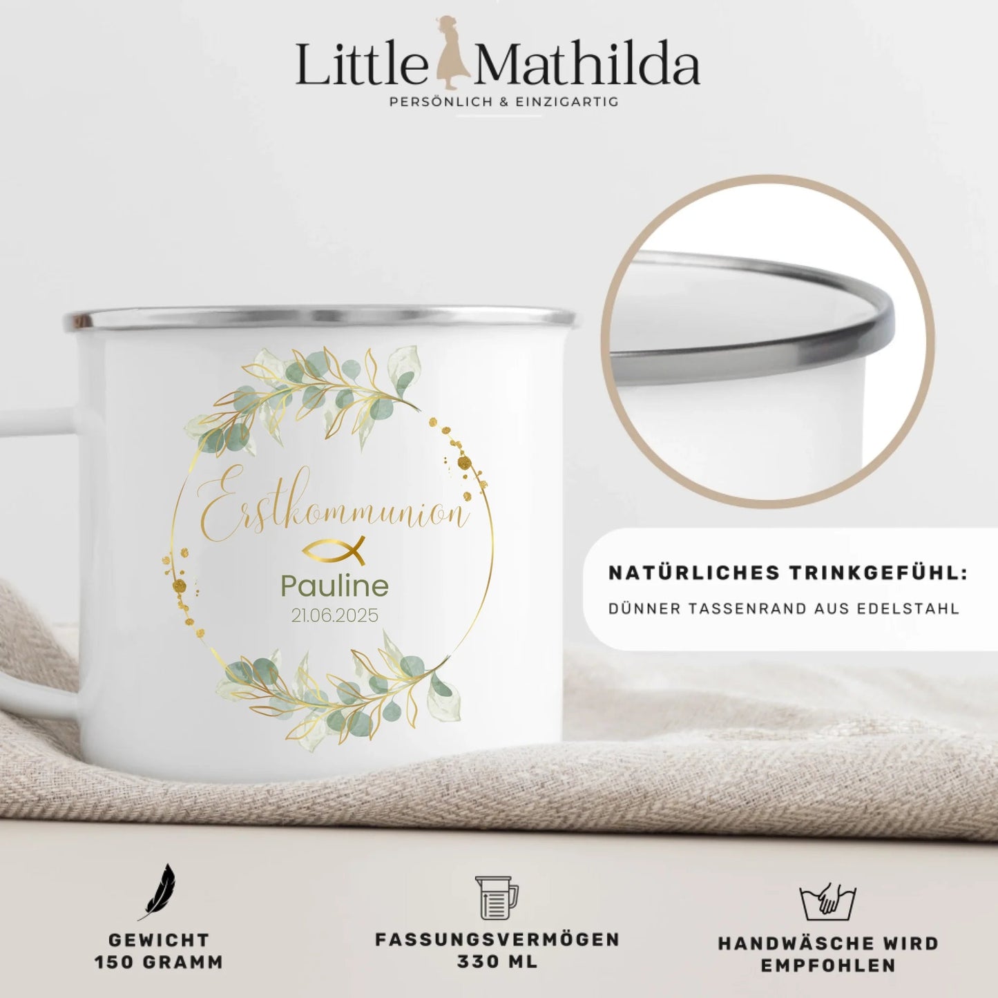 Personalisierte Emaille - Tasse zur Erstkommunion mit Blumenkranz Little Mathilda Little Mathilda Emaille Tasse