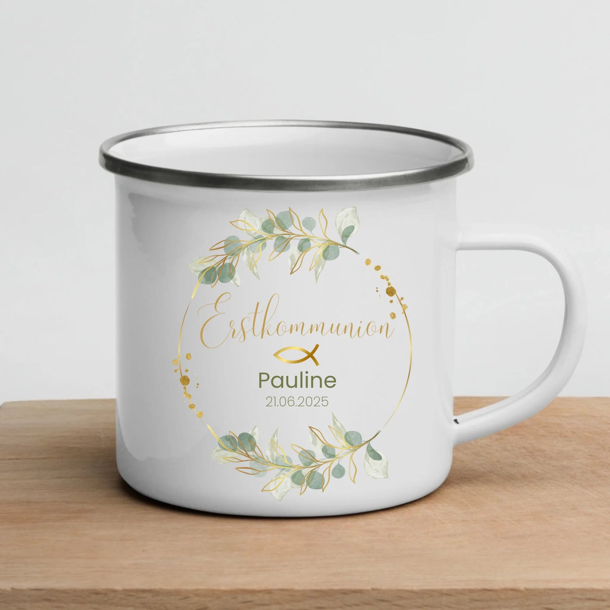 Personalisierte Emaille - Tasse zur Erstkommunion mit Blumenkranz Little Mathilda Little Mathilda Emaille Tasse