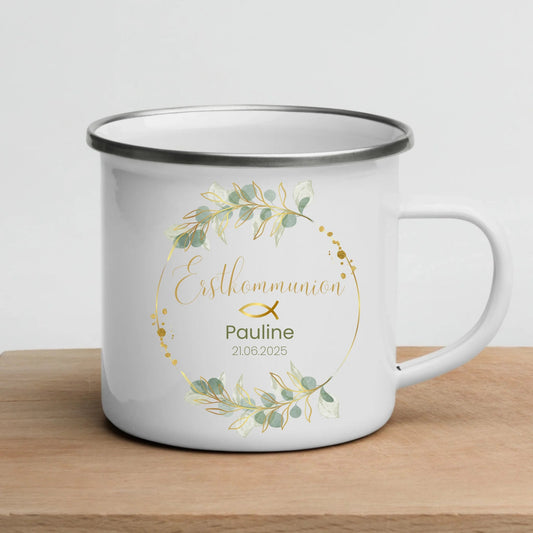 Personalisierte Emaille - Tasse zur Erstkommunion mit Blumenkranz Little Mathilda Little Mathilda Emaille Tasse
