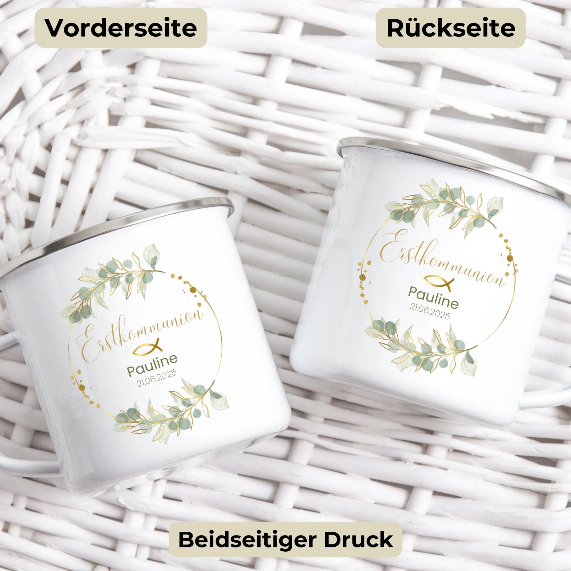 Personalisierte Emaille - Tasse zur Erstkommunion mit Blumenkranz Little Mathilda Little Mathilda Emaille Tasse