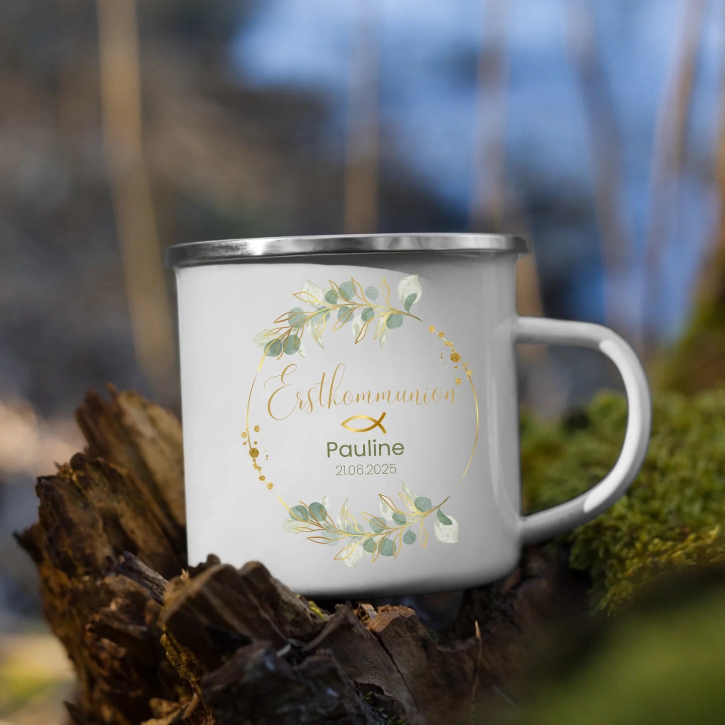 Personalisierte Emaille - Tasse zur Erstkommunion mit Blumenkranz Little Mathilda Little Mathilda Emaille Tasse