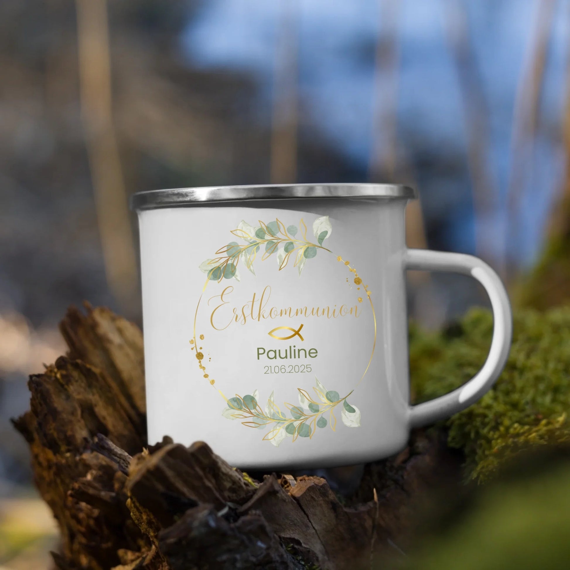 Personalisierte Emaille - Tasse zur Erstkommunion mit Blumenkranz Little Mathilda Little Mathilda Emaille Tasse