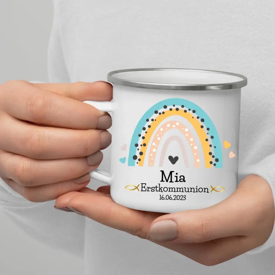 Personalisierte Emaille - Tasse zur Erstkommunion mit Regenbogen Little Mathilda Little Mathilda Emaille Tasse