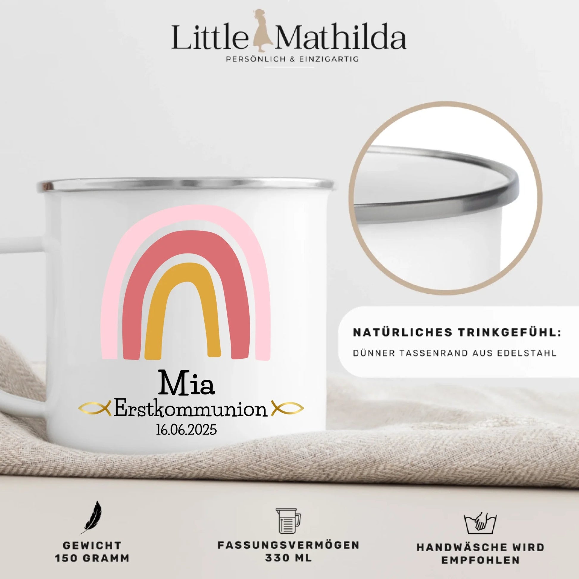Personalisierte Emaille-Tasse zur Erstkommunion – Regenbogen in Rosa Little Mathilda Emaille Tasse für Kinder 330ml