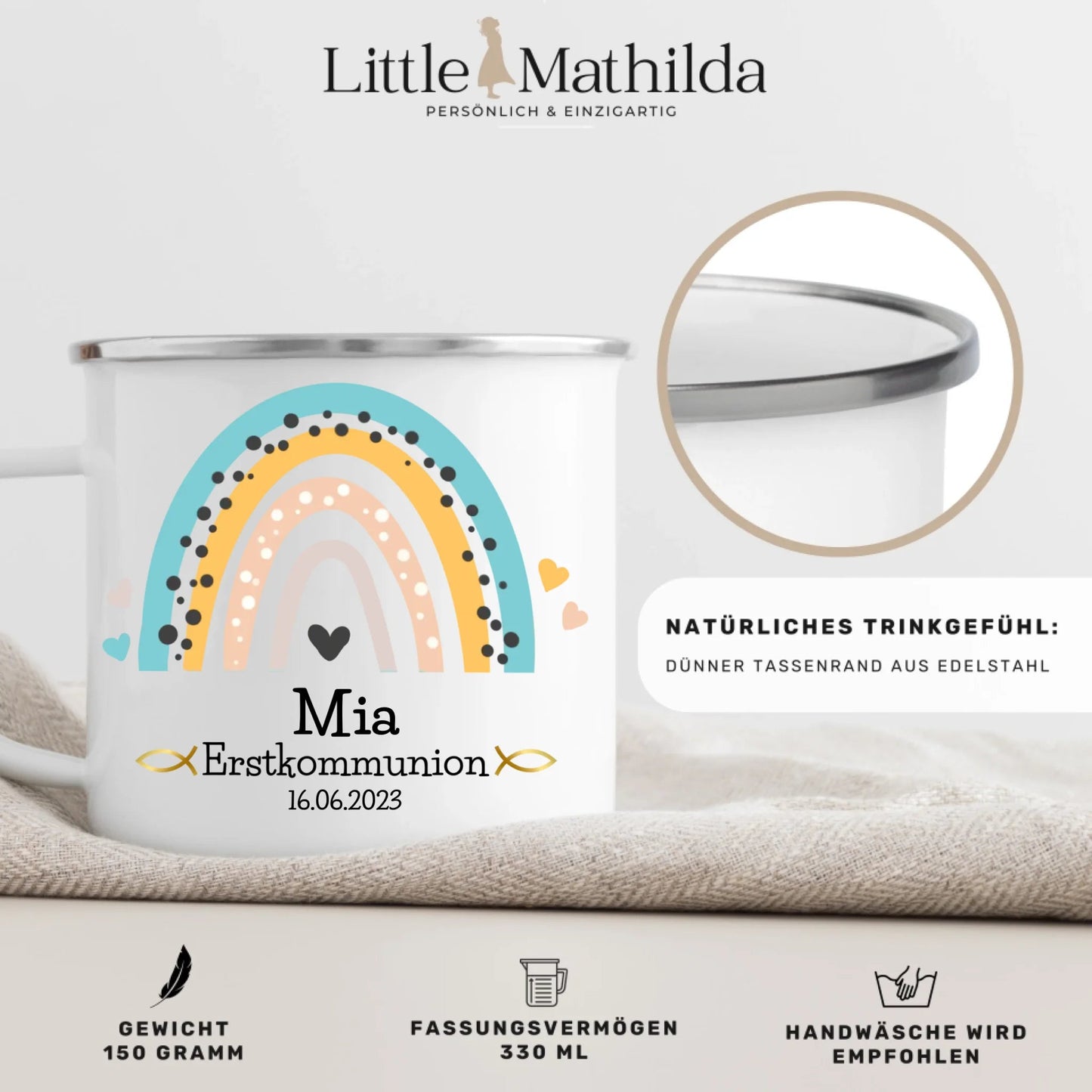 Personalisierte Emaille Tasse zur Kommunion mit Namen und Regenbogen Little Mathilda Little Mathilda Emaille Tasse