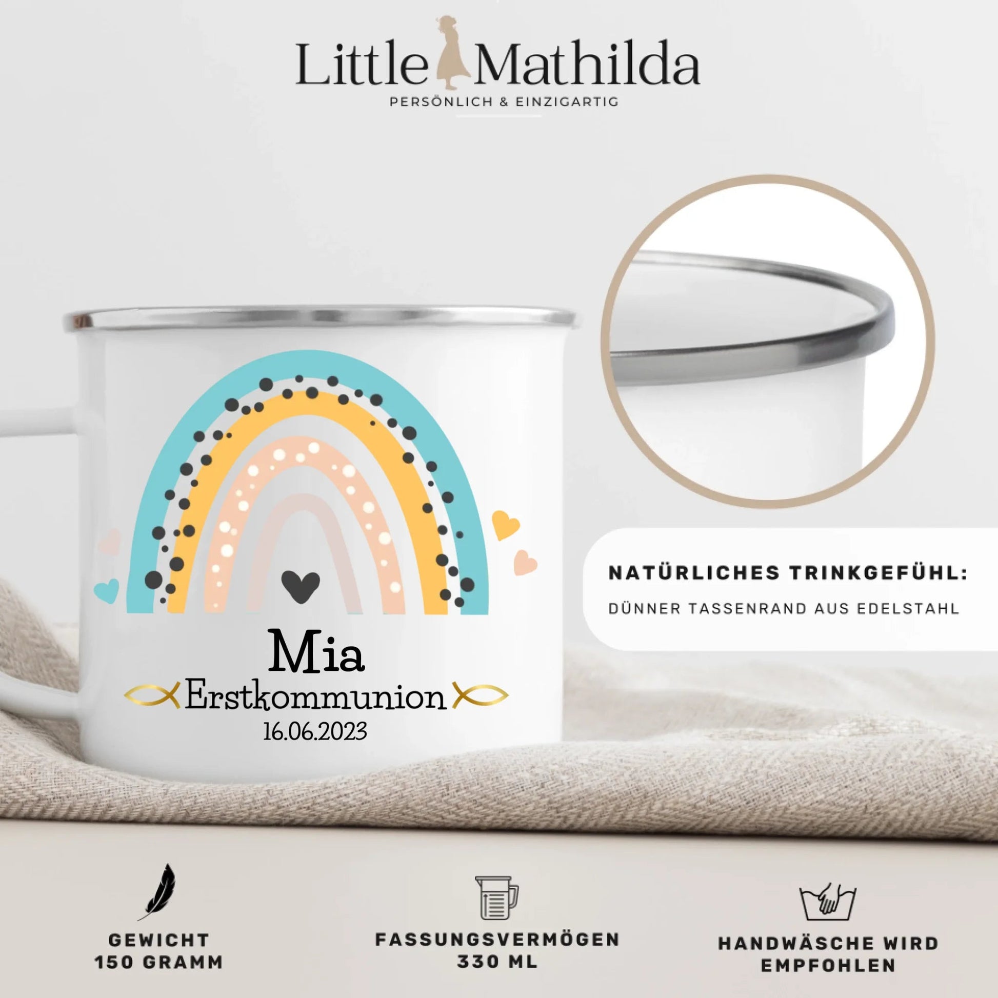 Personalisierte Emaille Tasse zur Kommunion mit Namen und Regenbogen Little Mathilda Little Mathilda Emaille Tasse
