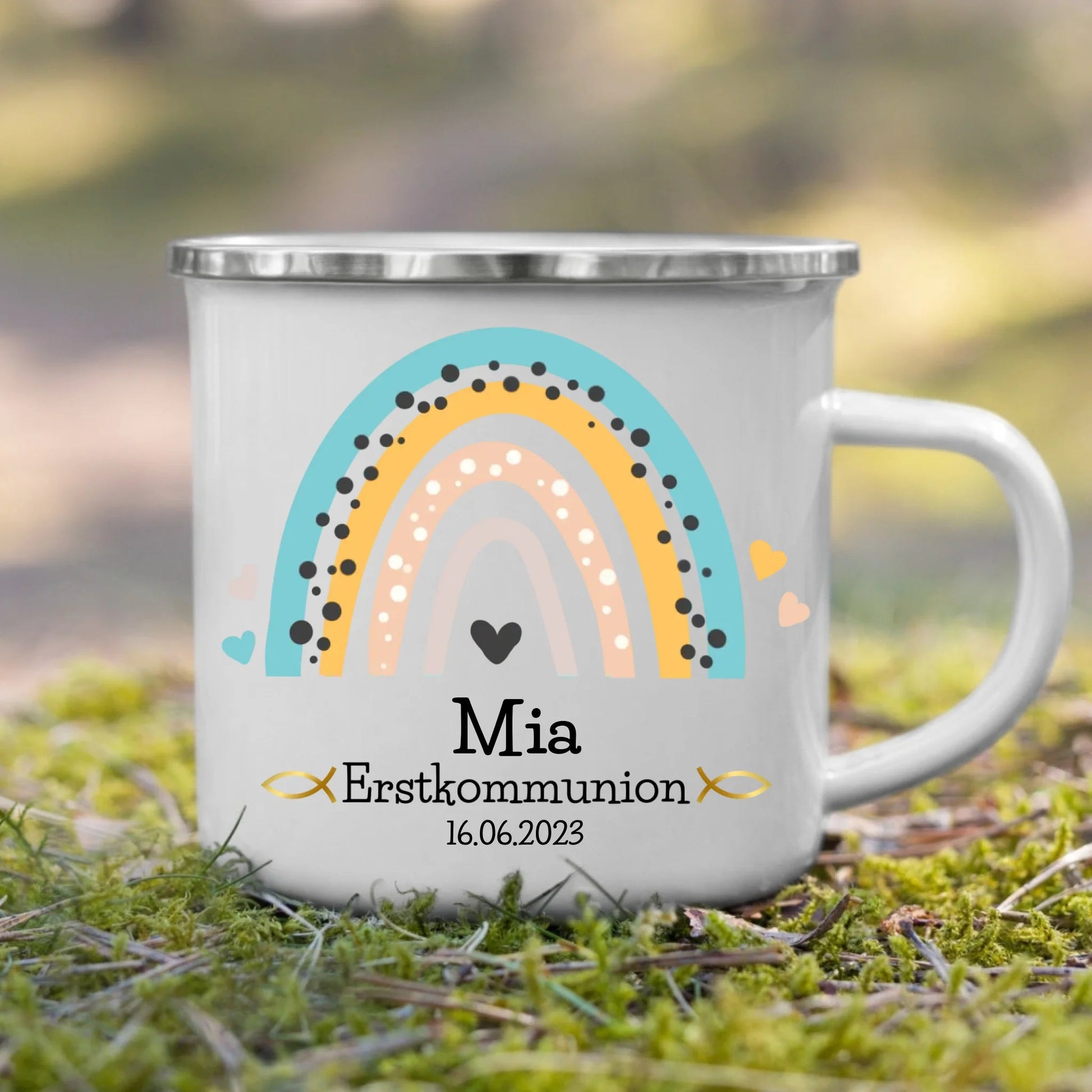 Personalisierte Emaille Tasse zur Kommunion mit Namen und Regenbogen Little Mathilda Little Mathilda Emaille Tasse