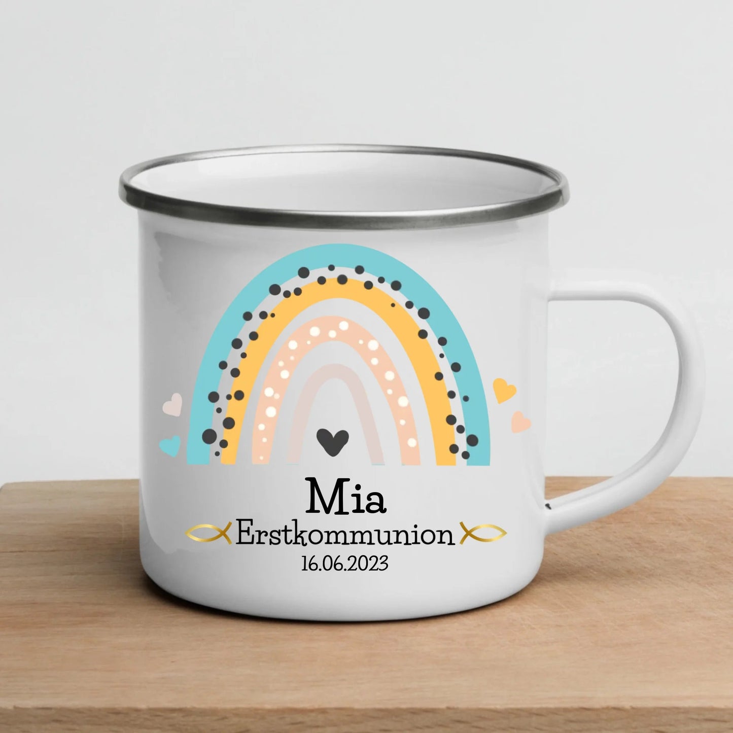 Personalisierte Emaille Tasse zur Kommunion mit Namen und Regenbogen Little Mathilda Little Mathilda Emaille Tasse