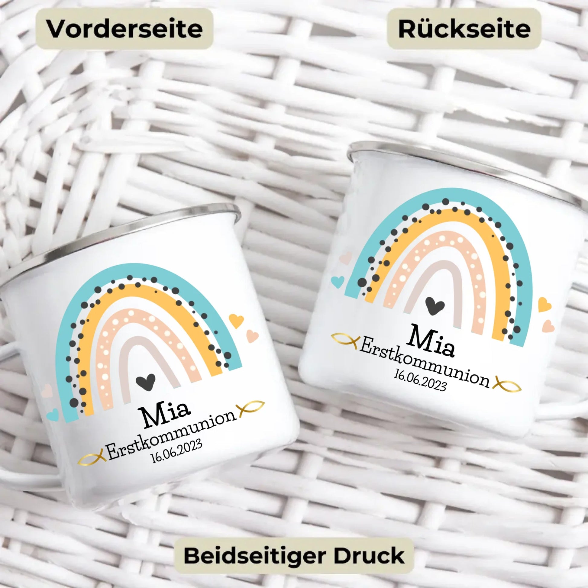 Personalisierte Emaille Tasse zur Kommunion mit Namen und Regenbogen Little Mathilda Little Mathilda Emaille Tasse