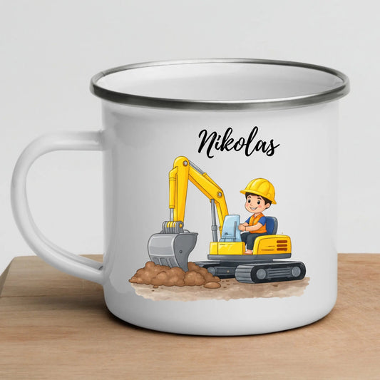 Personalisierte Kinder Emaille Tasse Bagger – Tasse mit Namen für kleine Bauarbeiter Little Mathilda Little Mathilda Emaille Tasse