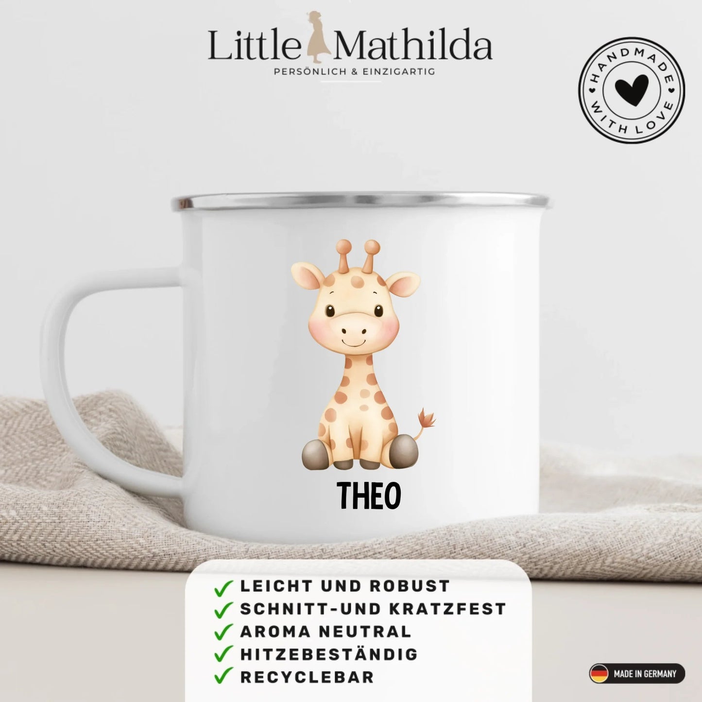 Personalisierte Kindertasse Giraffe mit Namen Little Mathilda Little Mathilda Emaille Tasse