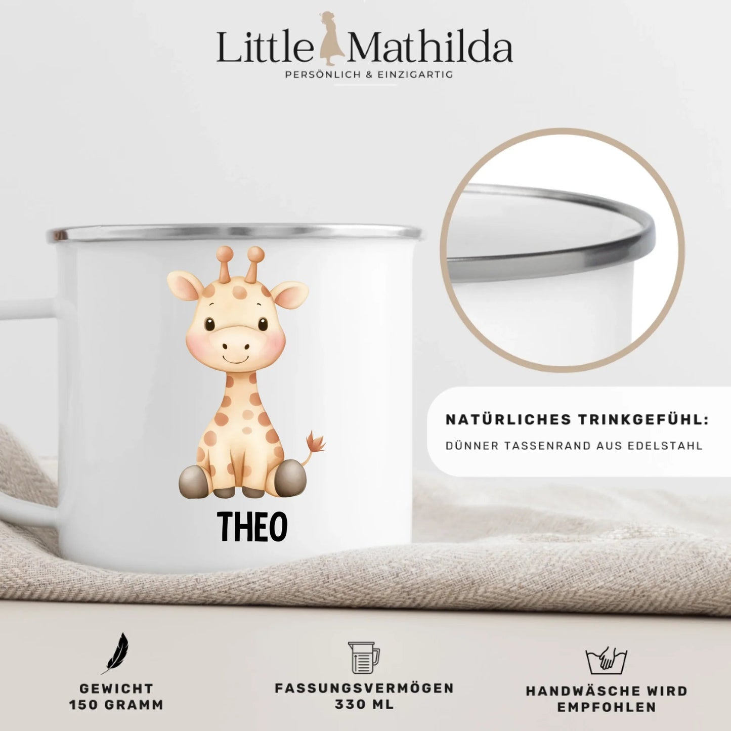 Personalisierte Kindertasse Giraffe mit Namen Little Mathilda Little Mathilda Emaille Tasse