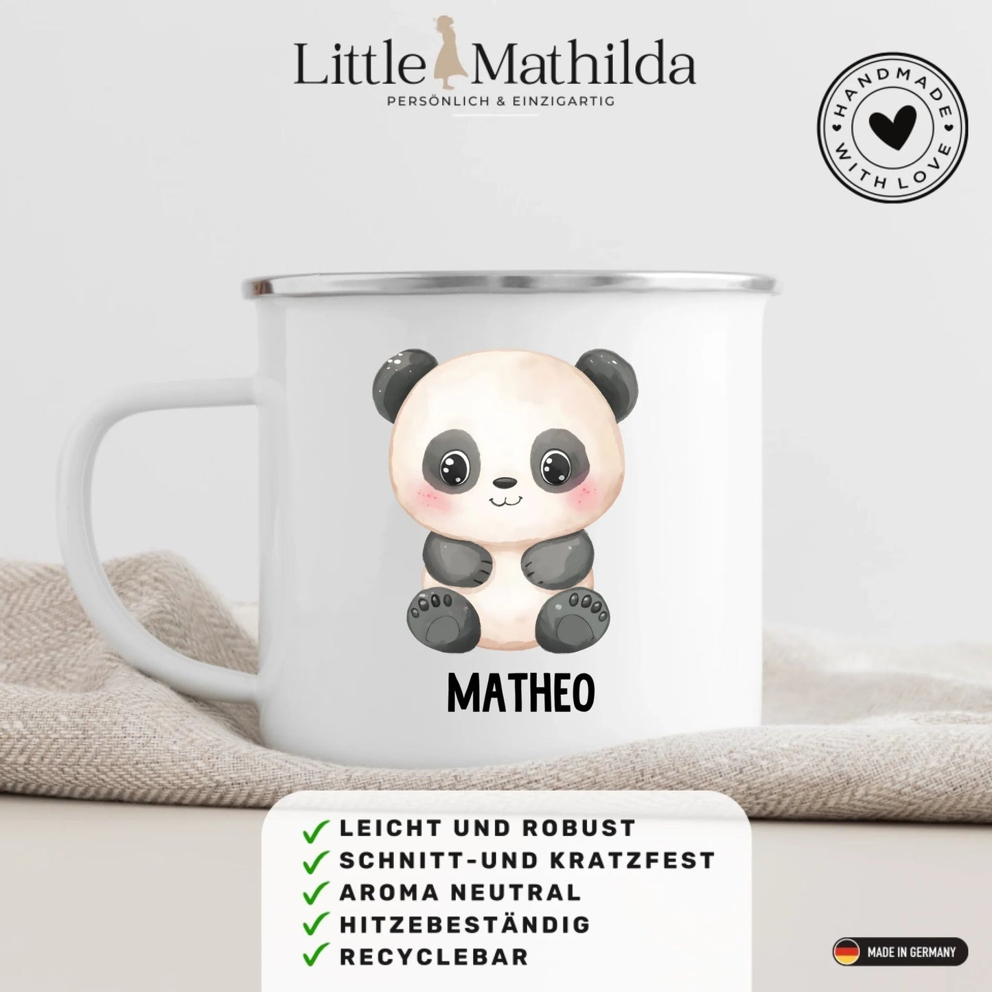 Personalisierte Kindertasse Pandabär mit Namen Little Mathilda Little Mathilda Emaille Tasse