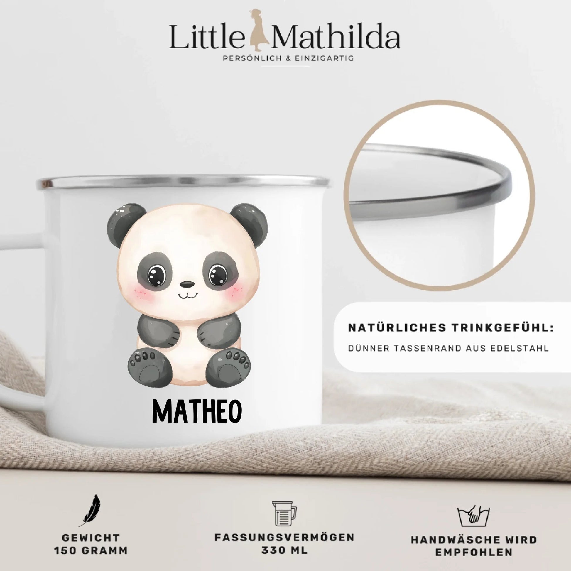 Personalisierte Kindertasse Pandabär mit Namen Little Mathilda Little Mathilda Emaille Tasse