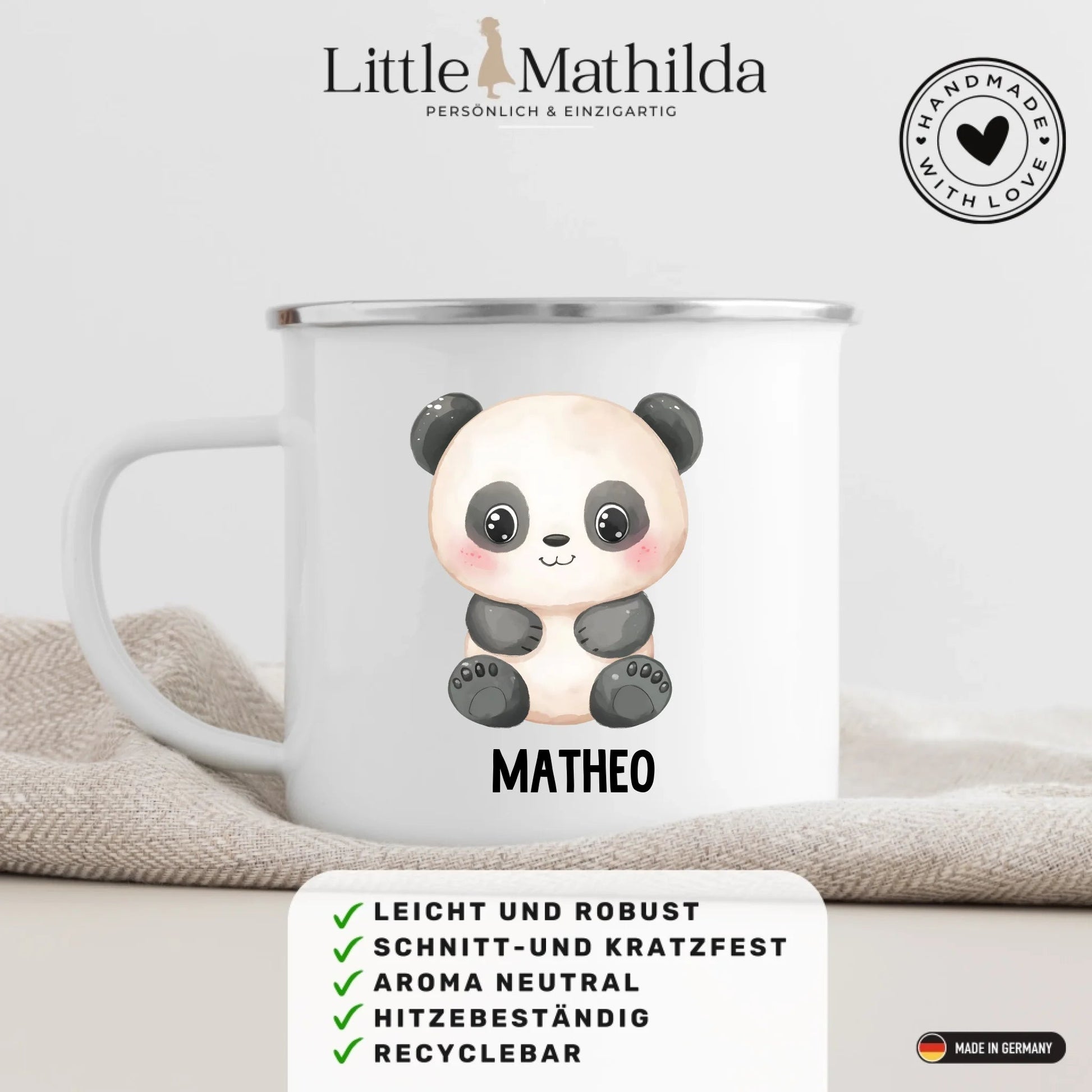 Personalisierte Kindertasse Pandabär mit Namen Little Mathilda Little Mathilda Emaille Tasse