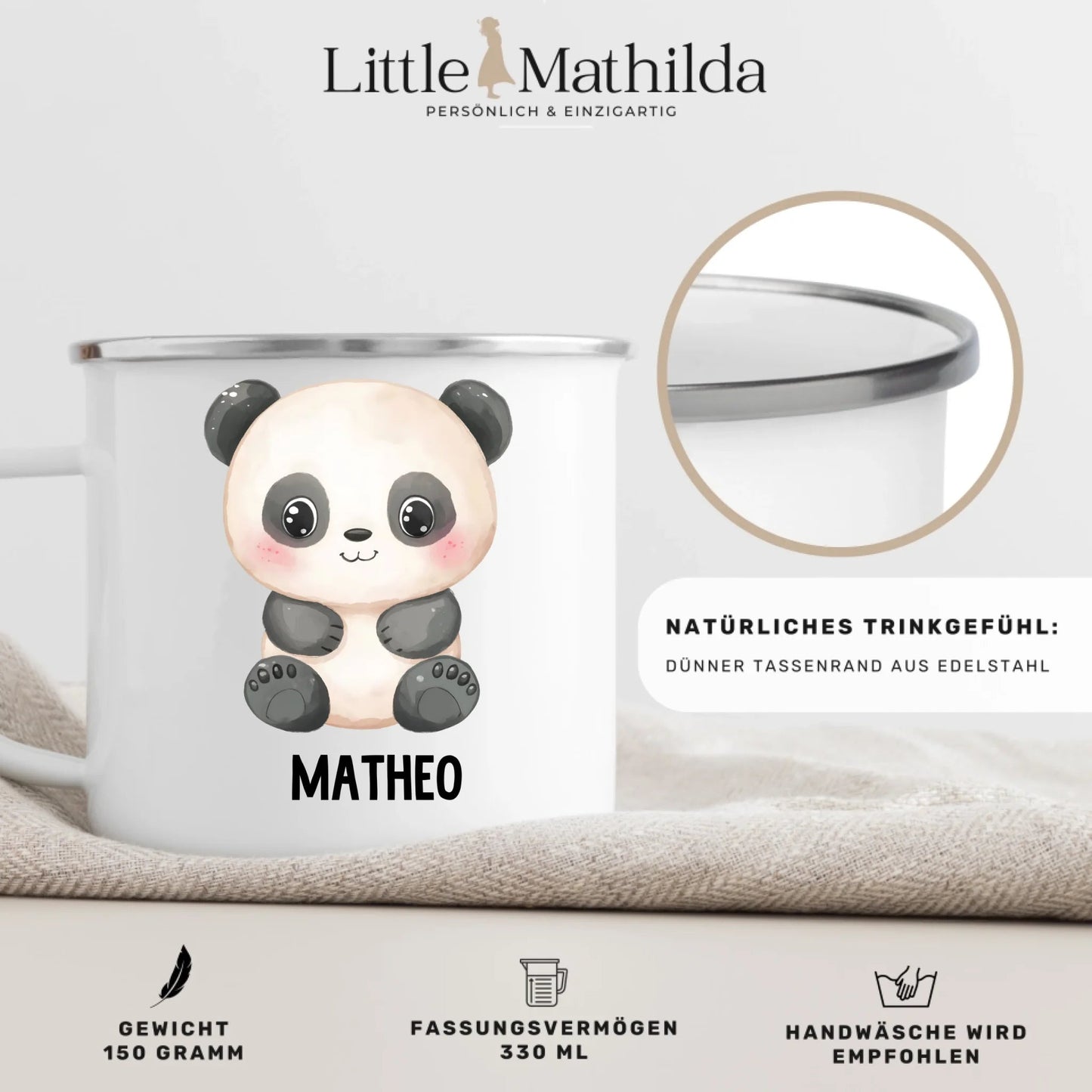 Personalisierte Kindertasse Pandabär mit Namen Little Mathilda Little Mathilda Emaille Tasse