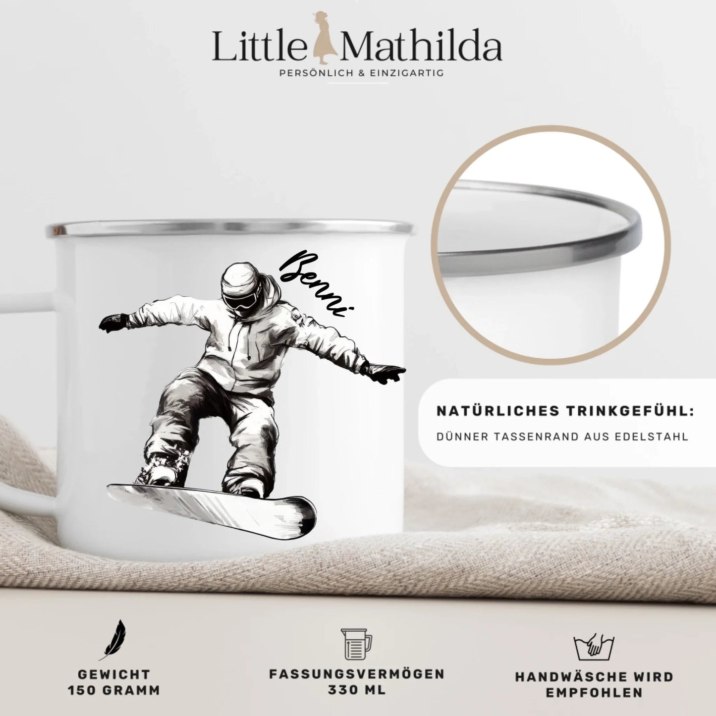 Personalisierte Snowboard Tasse mit Namen – Geschenk für Snowboarder & Wintersportfans Little Mathilda Little Mathilda Emaille Tasse