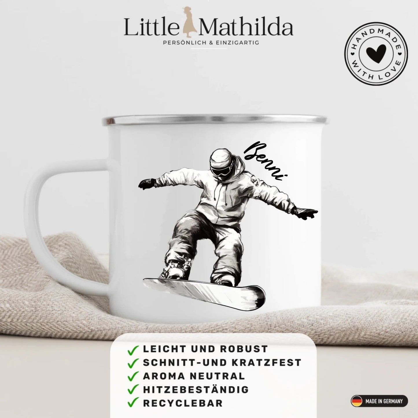 Personalisierte Snowboard Tasse mit Namen – Geschenk für Snowboarder & Wintersportfans Little Mathilda Little Mathilda Emaille Tasse