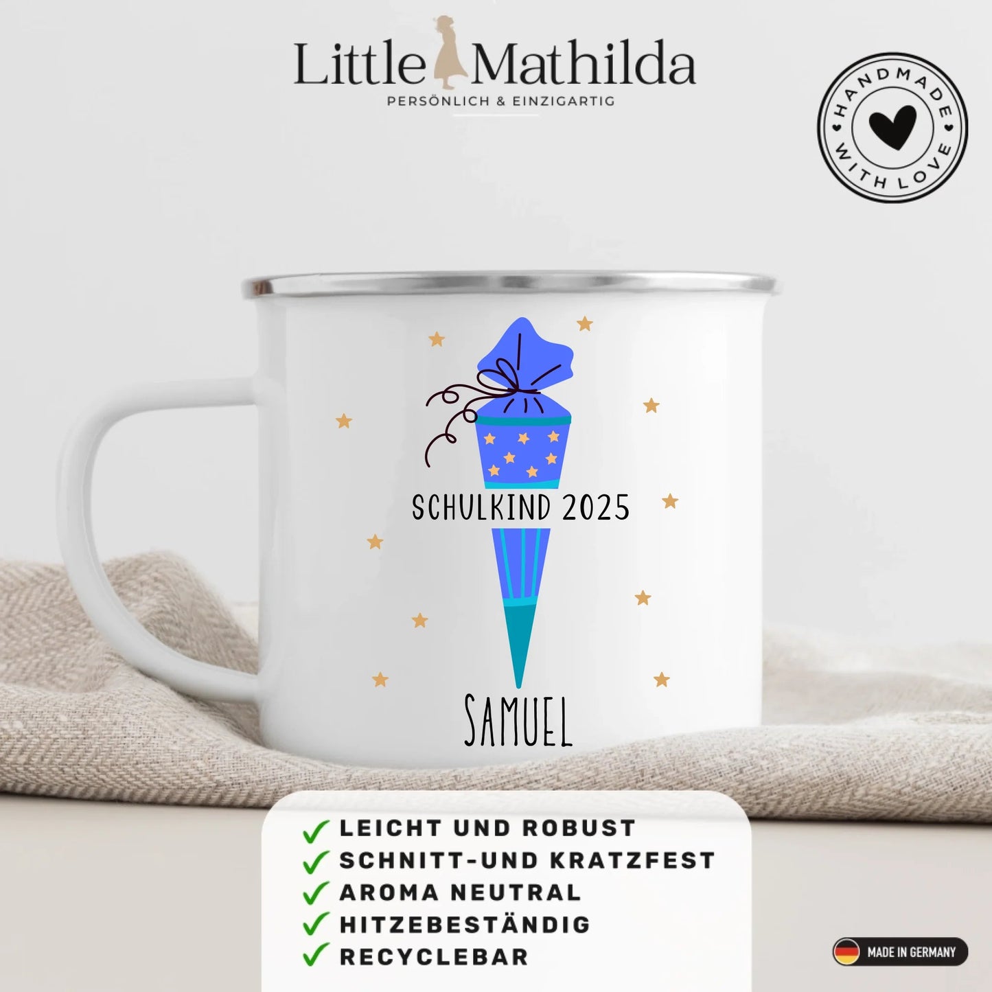 Personalisierte Tasse zur Einschulung - Schulkind 2025 Little Mathilda Little Mathilda Emaille Tasse