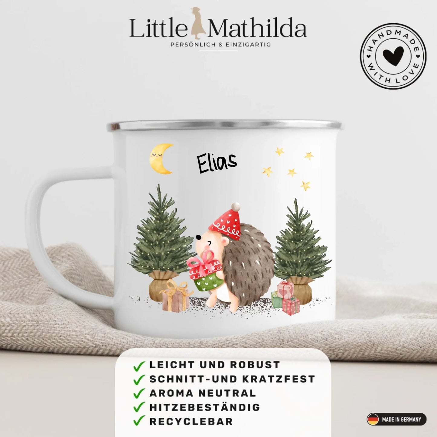 Personalisierte Weihnachtstasse für Kinder "Igel" Little Mathilda Little Mathilda Emaille Tasse