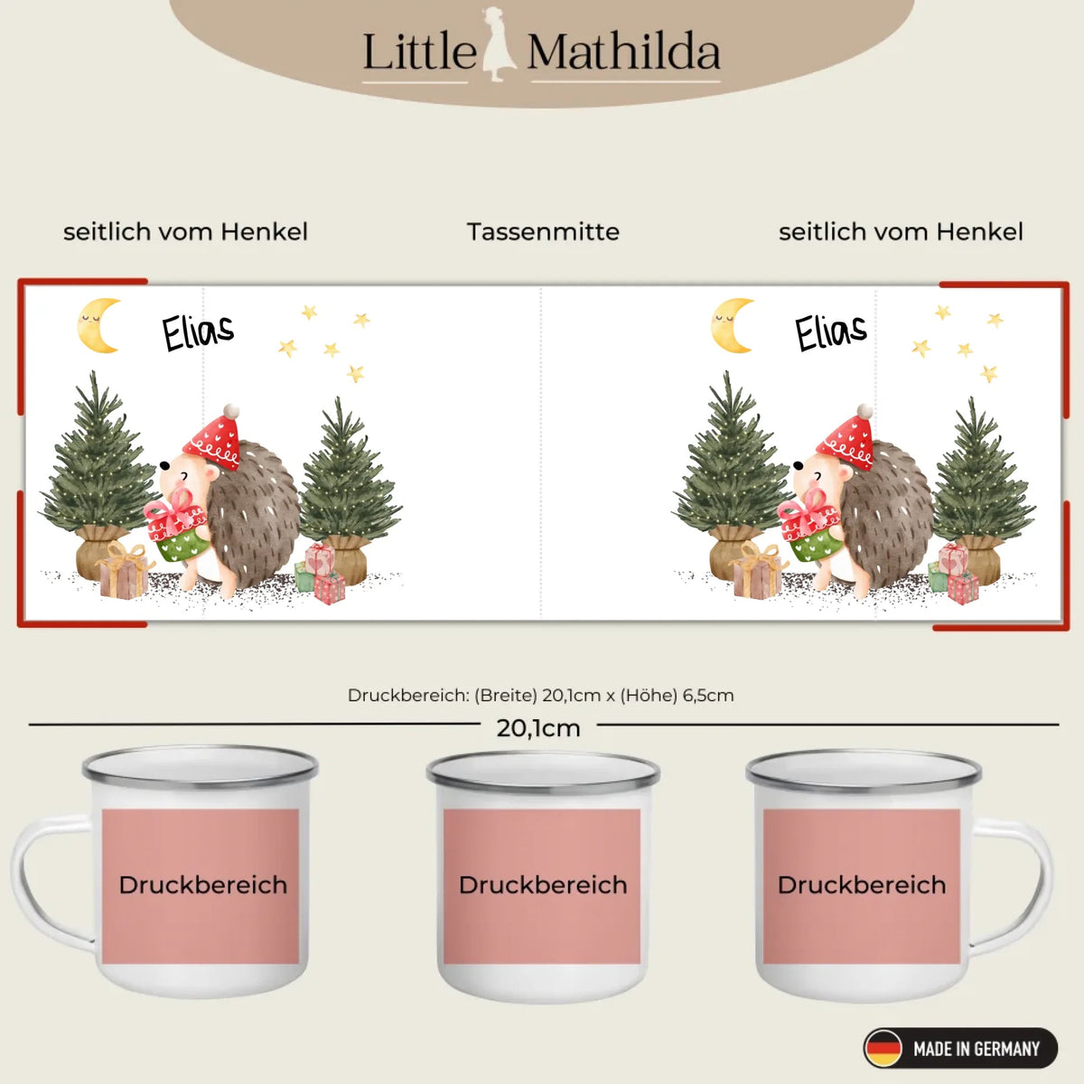 Personalisierte Weihnachtstasse für Kinder „Igel“ mit Namen Little Mathilda Little Mathilda Emaille Tasse
