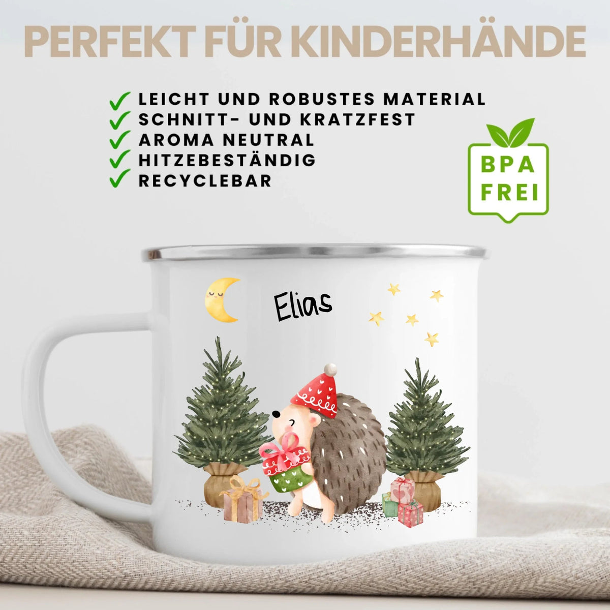 Personalisierte Weihnachtstasse für Kinder „Igel“ mit Namen Little Mathilda Little Mathilda Emaille Tasse