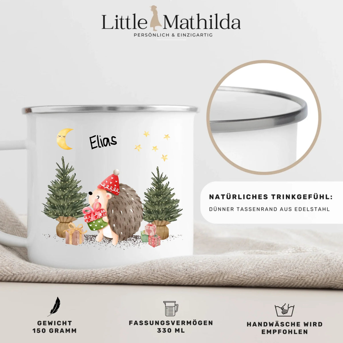 Personalisierte Weihnachtstasse für Kinder „Igel“ mit Namen Little Mathilda Little Mathilda Emaille Tasse